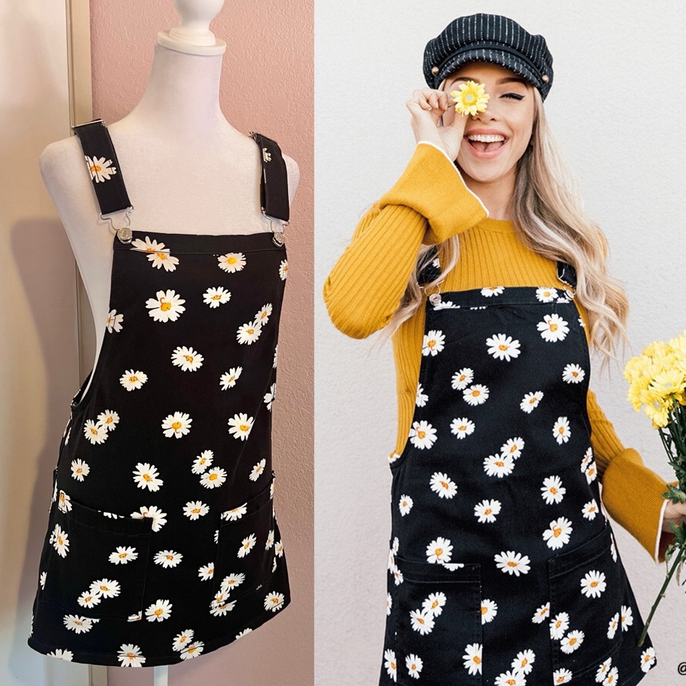 Floral White & Yellow Daisy Denim Overalls Skirt Dress in Black